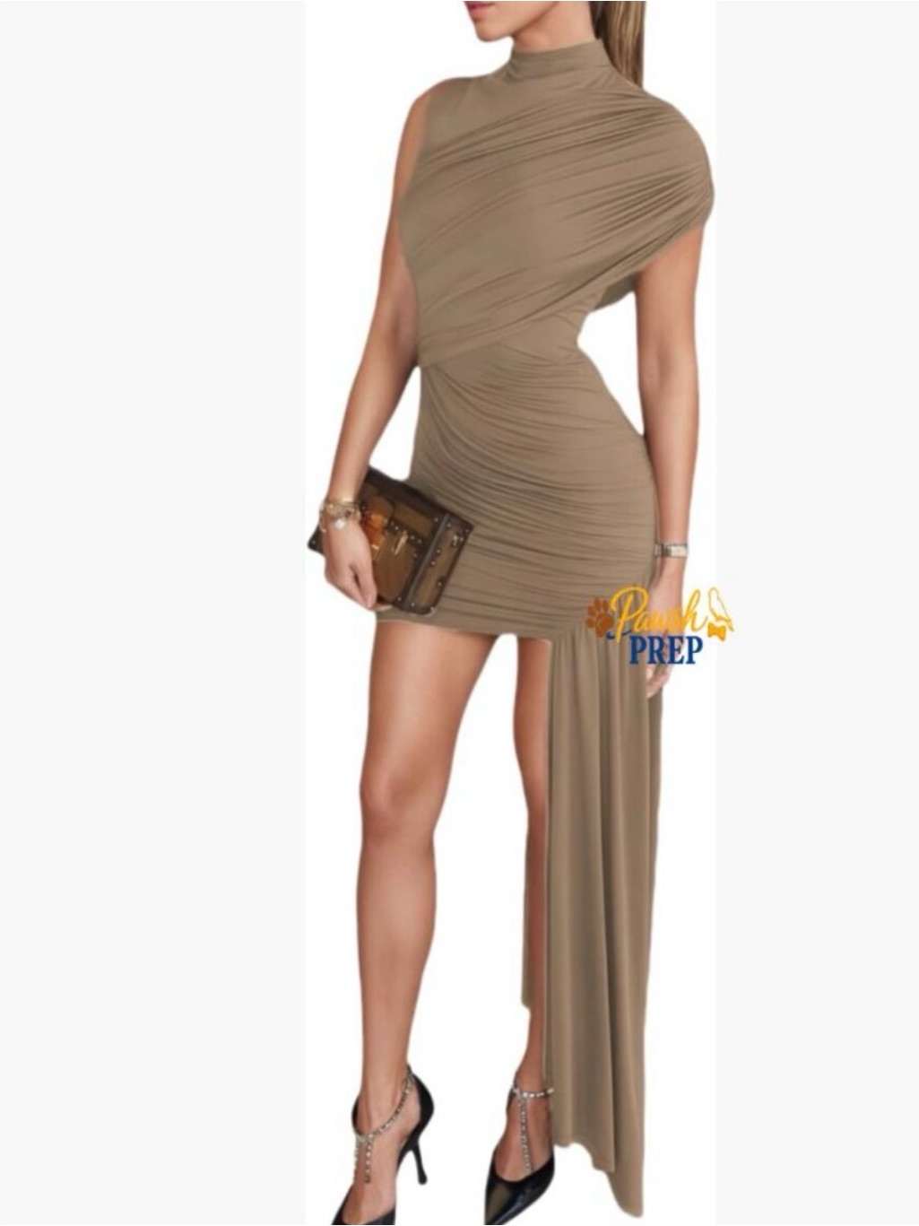 Taupe One-Shoulder Asymmetric Ruched Dress